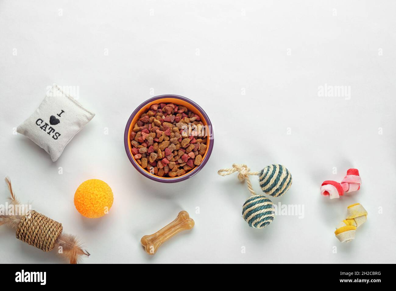 Cat's accessories and food on white background Stock Photo Alamy
