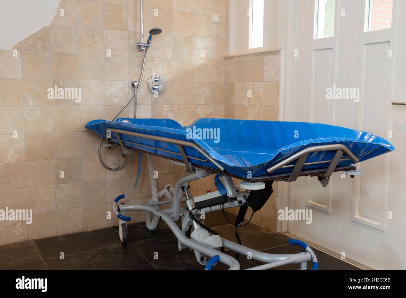 Medical shower, bath equipment for Handicapped and disabled, disabled shower trolley mobile bed Stock Photo