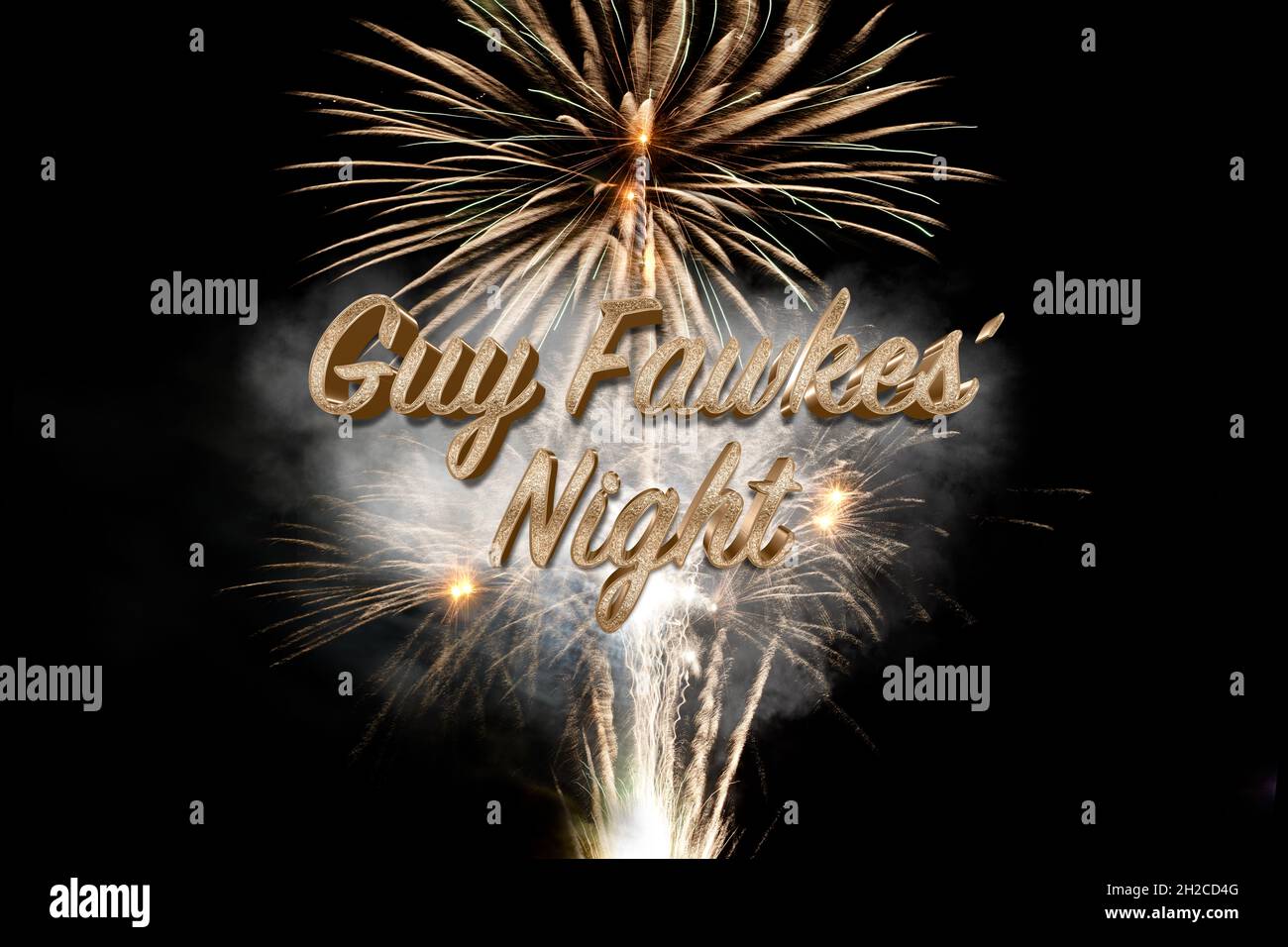 Guy Fawkes Night fireworks display card or poster design with fiery bursting rockets in a night sky and glowing golden text Stock Photo