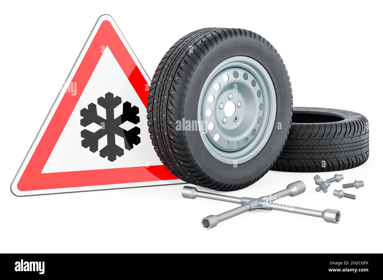 Car wheel with winter studded snow tire with cross wrench and beware of ice or snow, road sign. 3D rendering isolated on white background Stock Photo