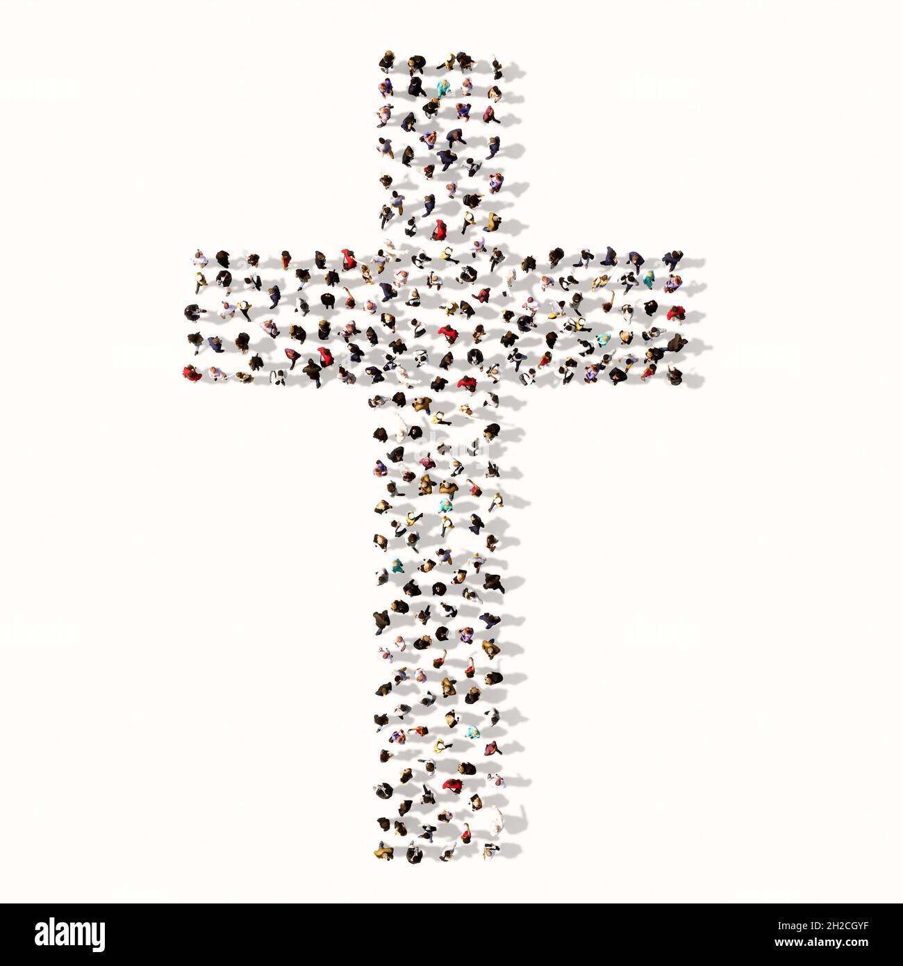 Concept or conceptual large community  of people forming the image of a religious christian cross. A 3d illustration metaphor for God, Christ Stock Photo