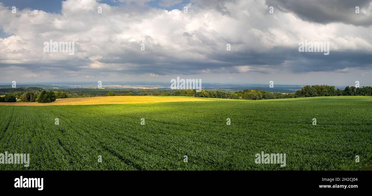 panorama landscape with a field, illuminated by the shining sun, cloudy sky Stock Photo