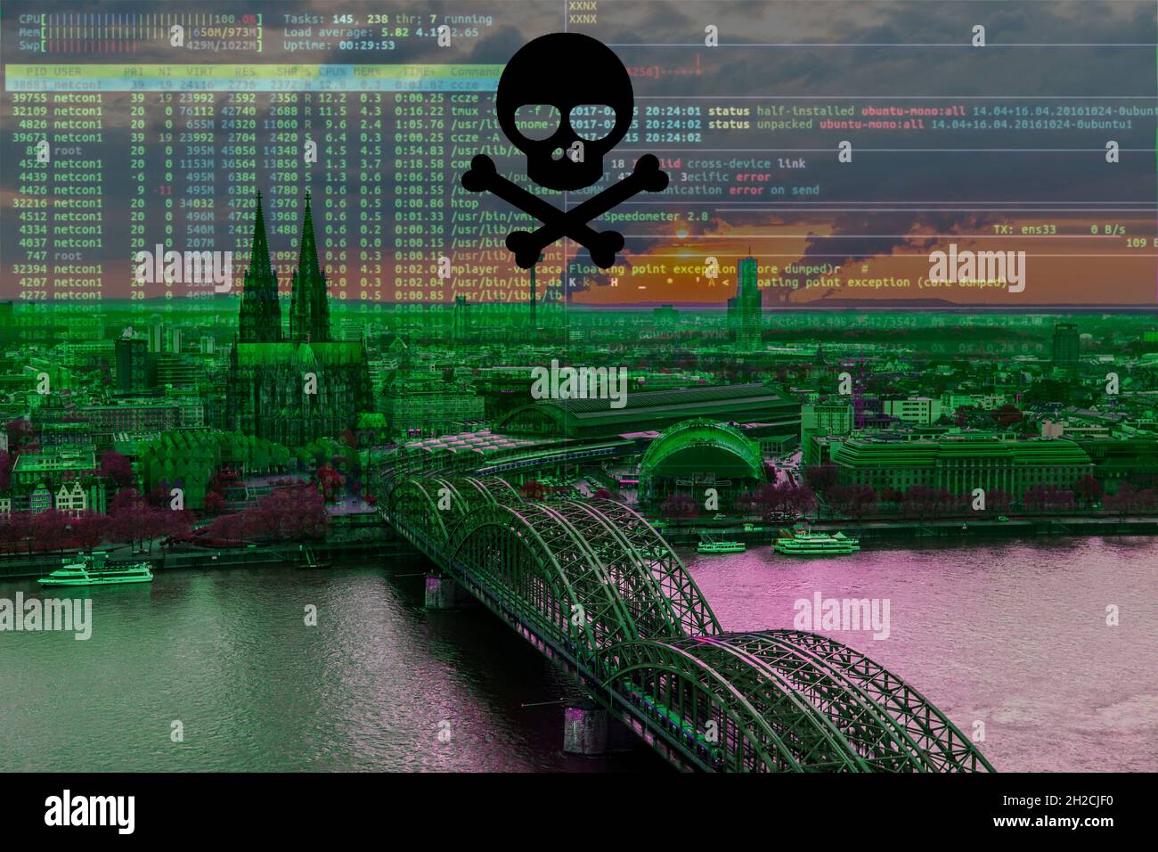 Symbolic image cyber attack, computer crime, cybercrime, computer hackers attack the IT infrastructure of a city, Cologne, Germany Stock Photo