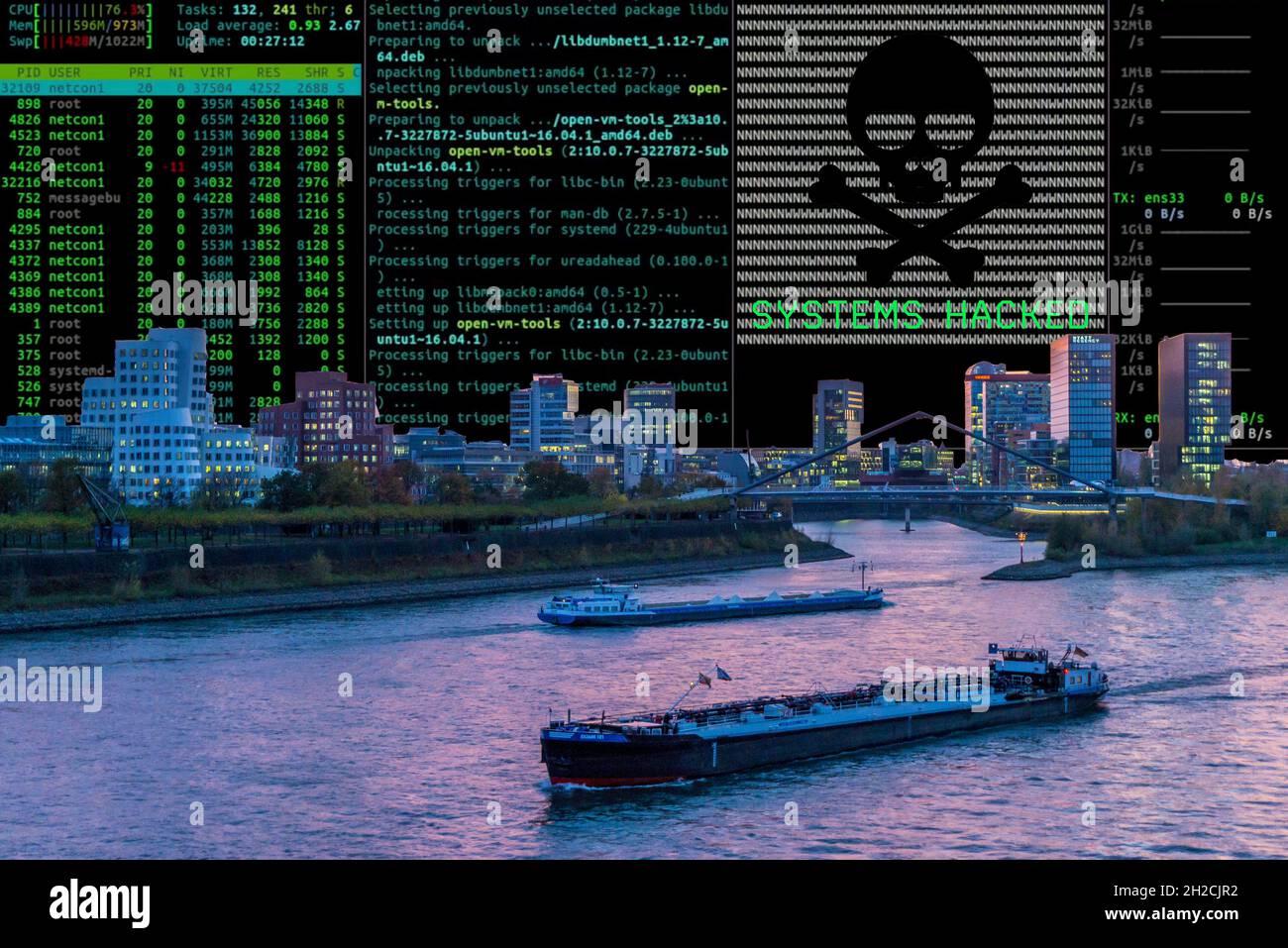 Symbolic image cyber attack, computer crime, cybercrime, computer hackers attack a city's IT infrastructure, traffic infrastructure, Düsseldorf Stock Photo