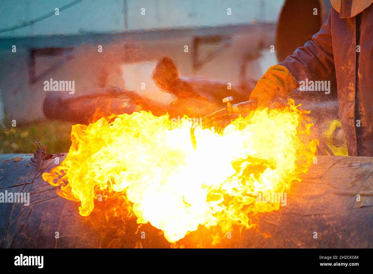 Worker using Oxyacetylene gas to weld in sheet metal factory - Stock Image  - F022/1036 - Science Photo Library