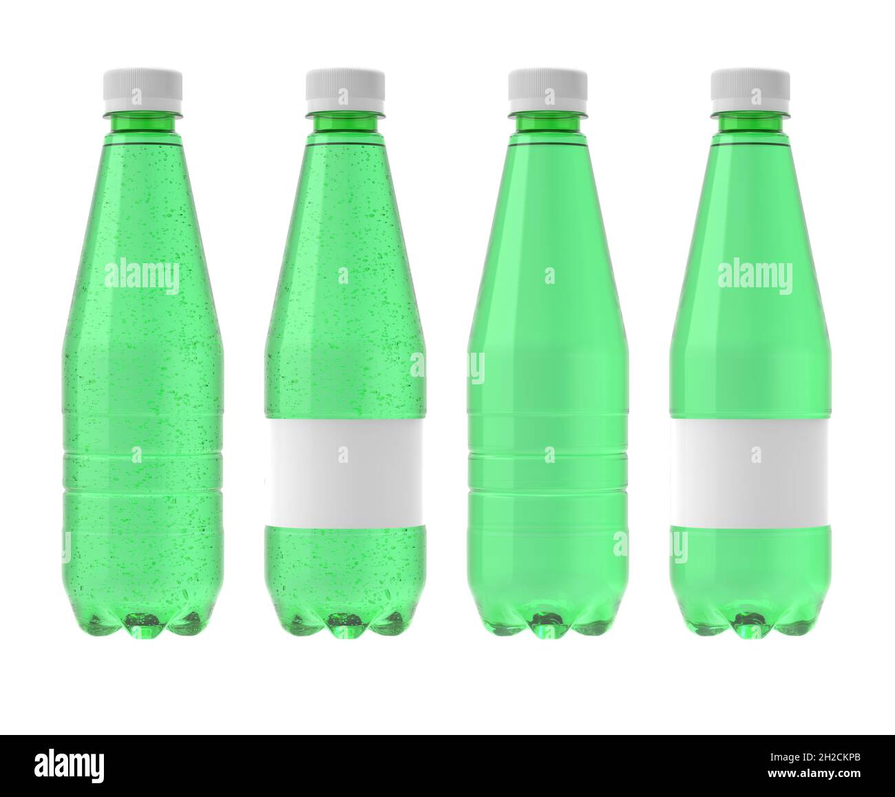 Transparent green 500ml Plastic bottle of water isolated on white background, carbonated and still version, with and without label for product present Stock Photo