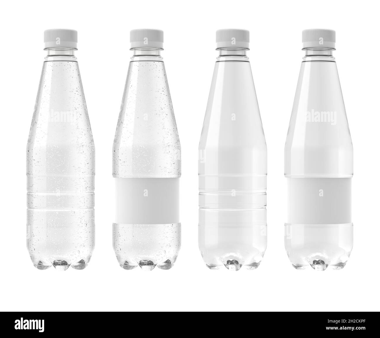 Transparent 500ml  Plastic bottle of water isolated on white background, carbonated and still version, with and without label for product presentation Stock Photo