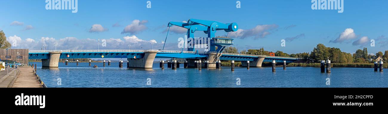 Bascule Bridge 'Blaues Wunder' over the Peenestrom in Wolgast (Germany) - panoramic view Stock Photo