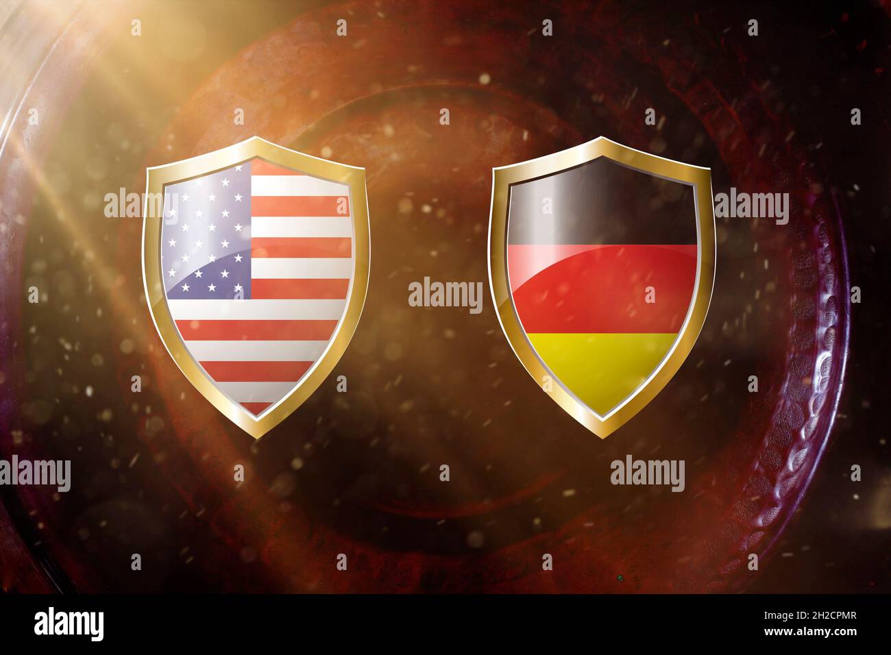 us and germany flag in golden shield on copper texture background.3d illustration. Stock Photo