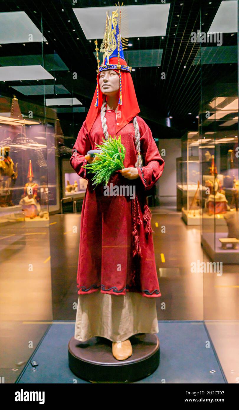Reconstruction of noble woman clothing, 4-3 century BC. From  Urjar district, East Kazakhstan. National Museum, Nur-Sultan Stock Photo