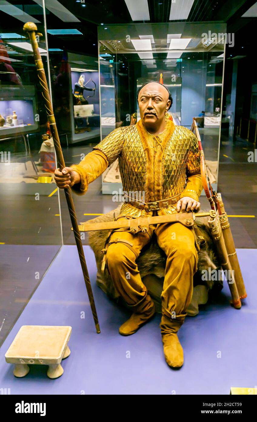Reconstruction of Sarmatian leader's clothing, 2-3 century BC. From  Araltobe burial ground, West Kazakhstan. National Museum, Nur-Sultan Stock Photo