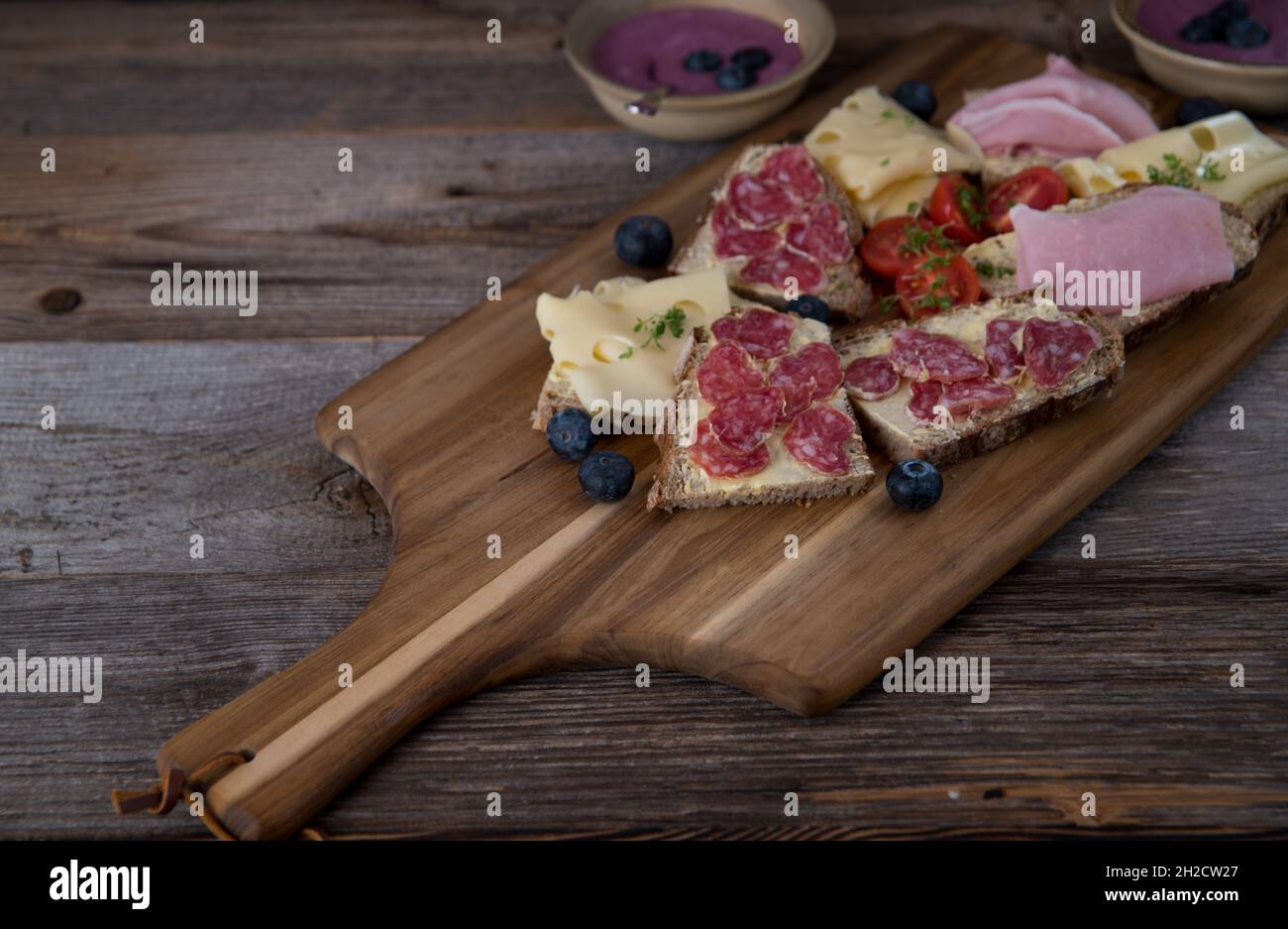 Sandwiches with cold cuts and cheese. Traditional german dinner served