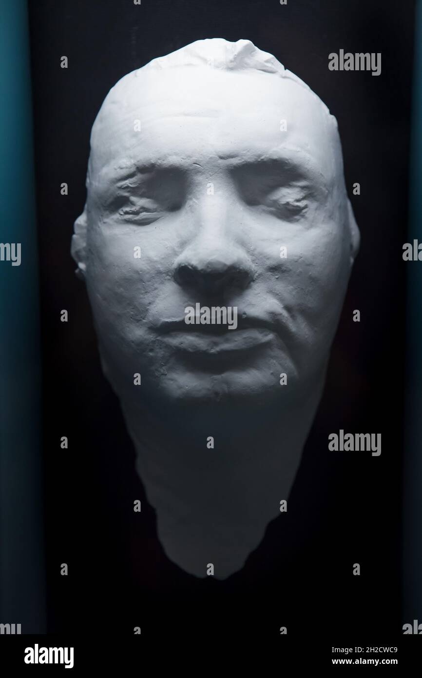 Death mask of Jan Palach taken by Czech sculptor Olbram Zoubek on display in the National Museum (Národní muzeum) in Prague, Czech Republic. Jan Palach was a student who committed suicide by self-immolation on 16 January 1969 as a protest against the Soviet invasion to Czechoslovakia on 21 August 1968. His death mask is on view at the new permanent exhibition of the National Museum devoted to the History of the 20th century. Stock Photo