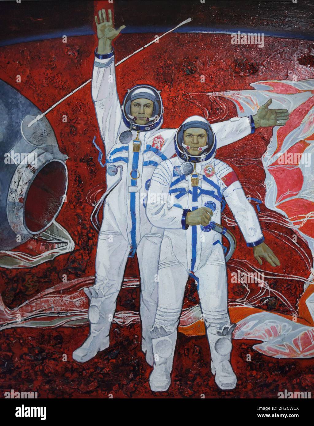 Czechoslovak cosmonaut Vladimír Remek (L) and Soviet cosmonaut Alexei Gubarev (R) depicted in the detail of the painting by Soviet cosmonaut Alexei Leonov (1981) on display in the National Museum (Národní muzeum) in Prague, Czech Republic. Vladimír Remek and Alexei Gubarev were the crew members of the 1978 Soviet crewed mission 'Soyuz 28'. The cosmonauts are depicted shortly after the landing in the Kazakh Steppe near the town of Arkalyk in Kazakhstan on 10 March 1978. The painting is on view at the new permanent exhibition of the National Museum devoted to the History of the 20th century. Stock Photo