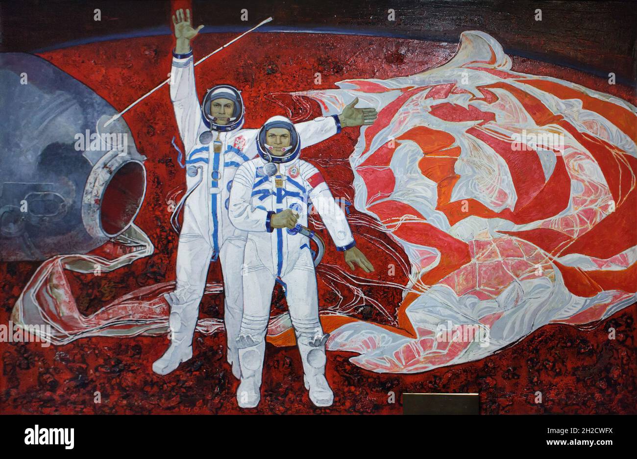 Czechoslovak cosmonaut Vladimír Remek (L) and Soviet cosmonaut Alexei Gubarev (R) depicted in the painting by Soviet cosmonaut Alexei Leonov (1981) on display in the National Museum (Národní muzeum) in Prague, Czech Republic. Vladimír Remek and Alexei Gubarev were the crew members of the 1978 Soviet crewed mission 'Soyuz 28'. The cosmonauts are depicted shortly after the landing in the Kazakh Steppe near the town of Arkalyk in Kazakhstan on 10 March 1978. The painting is on view at the new permanent exhibition of the National Museum devoted to the History of the 20th century. Stock Photo