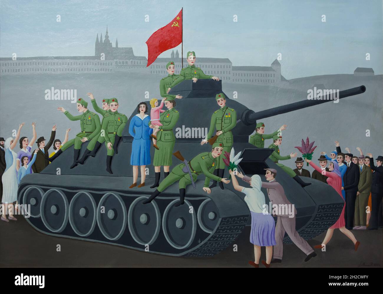 Painting 'Liberation' by Czech naïve artist Václav Šilhán (1974) on display in the National Museum (Národní muzeum) in Prague, Czech Republic. A Soviet tank and Red army soldiers being welcomed by local people in Prague, Czechoslovakia, shortly after the liberation of the city on 9 May 1945 are depicted in the painting, which is on view at the new permanent exhibition of the National Museum devoted to the History of the 20th century. Stock Photo