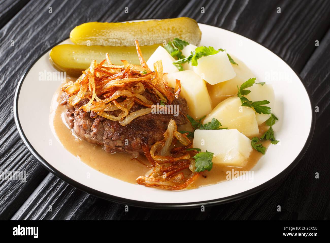 Tasty Danish Beef Patties Bof with gravy and Soft Onions with potatoes