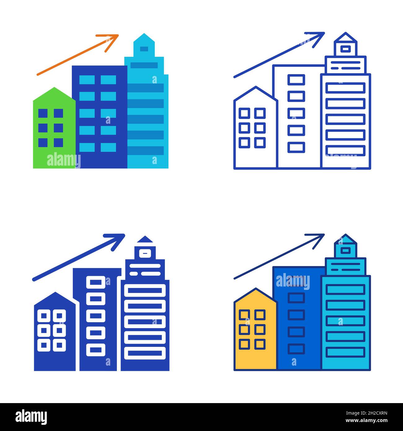 Urbanization icon set in flat and line style. Growing city skyscrapers ...