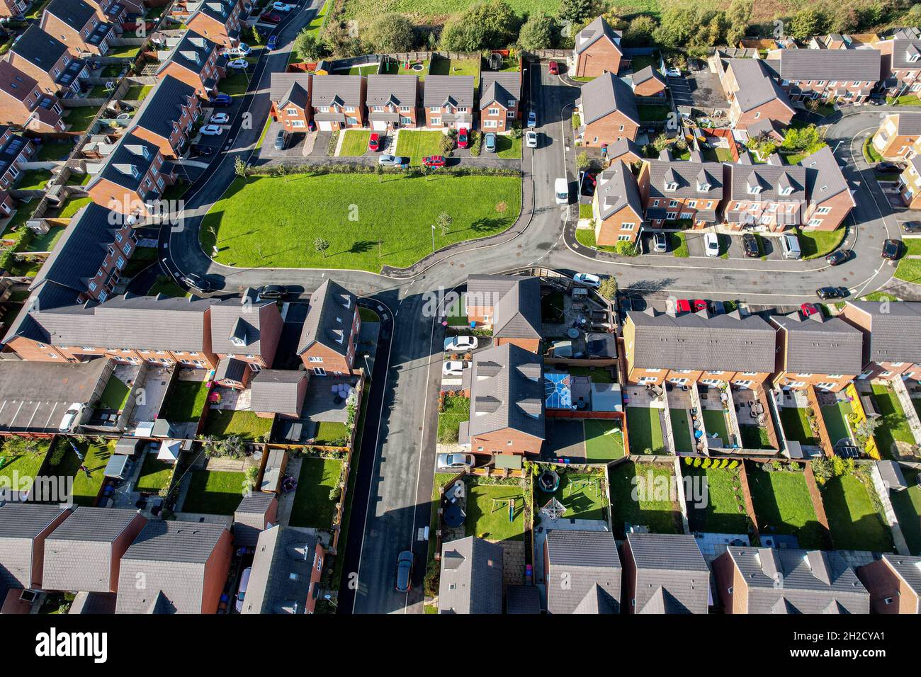 Aerial view of housing estate in England. Looking straight down satellite image style.British