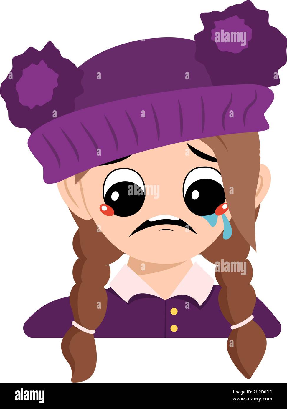 Avatar of girl with crying and tears emotion, sad face, depressive eyes in purple hat with pompom. Head of child with melancholy expression Stock Vector