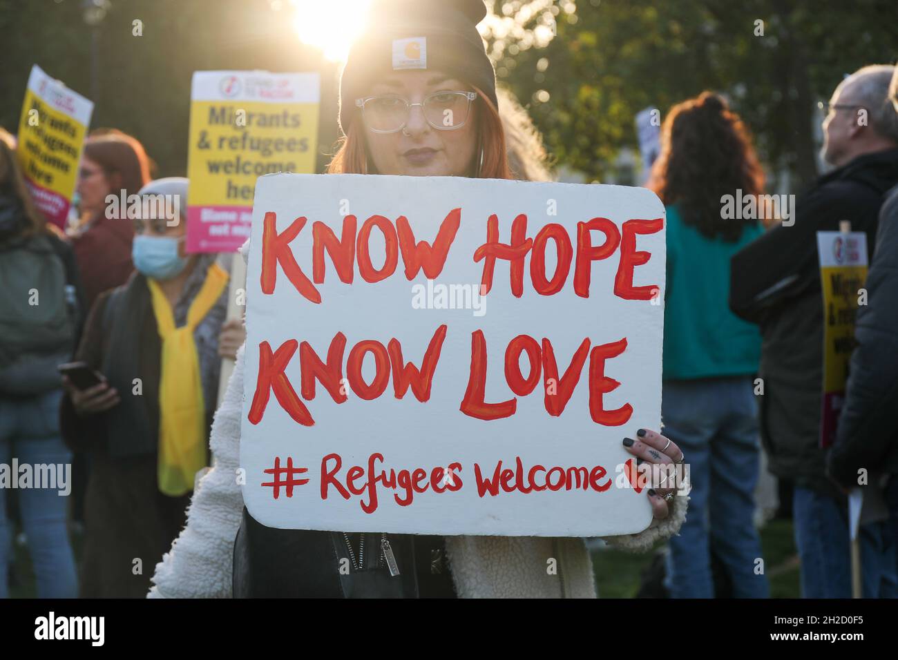 LONDON, UK. 20 OCTOBER 2021: Refugees Welcome Protest against Priti Patel's anti-refugee bill on Parliament Square Credit: Lucy North/Alamy Live News Stock Photo
