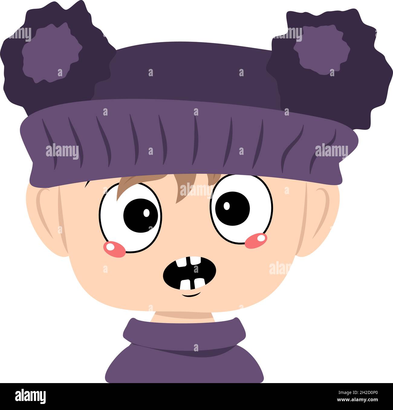 Child with emotions panic, surprised face, shocked eyes in violet hat with a pom pom. Head of toddler with scared expression Stock Vector