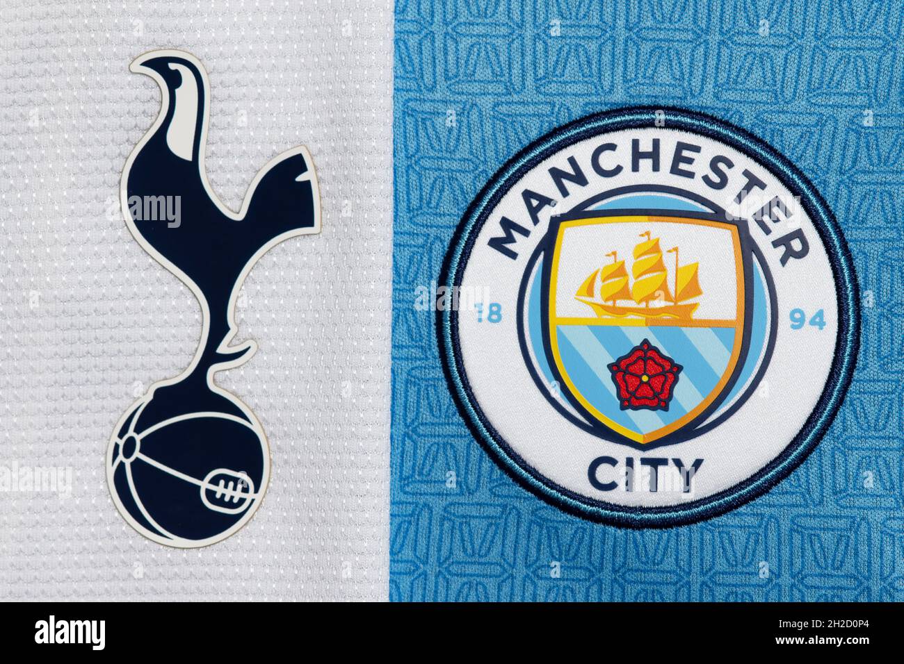 Close up of Spurs and Man City club crest. Stock Photo