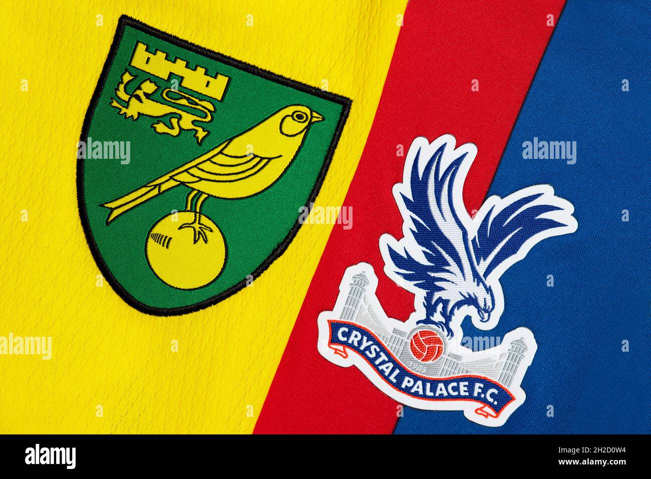 Close up of Norwich and Crystal Palace club crest. Stock Photo
