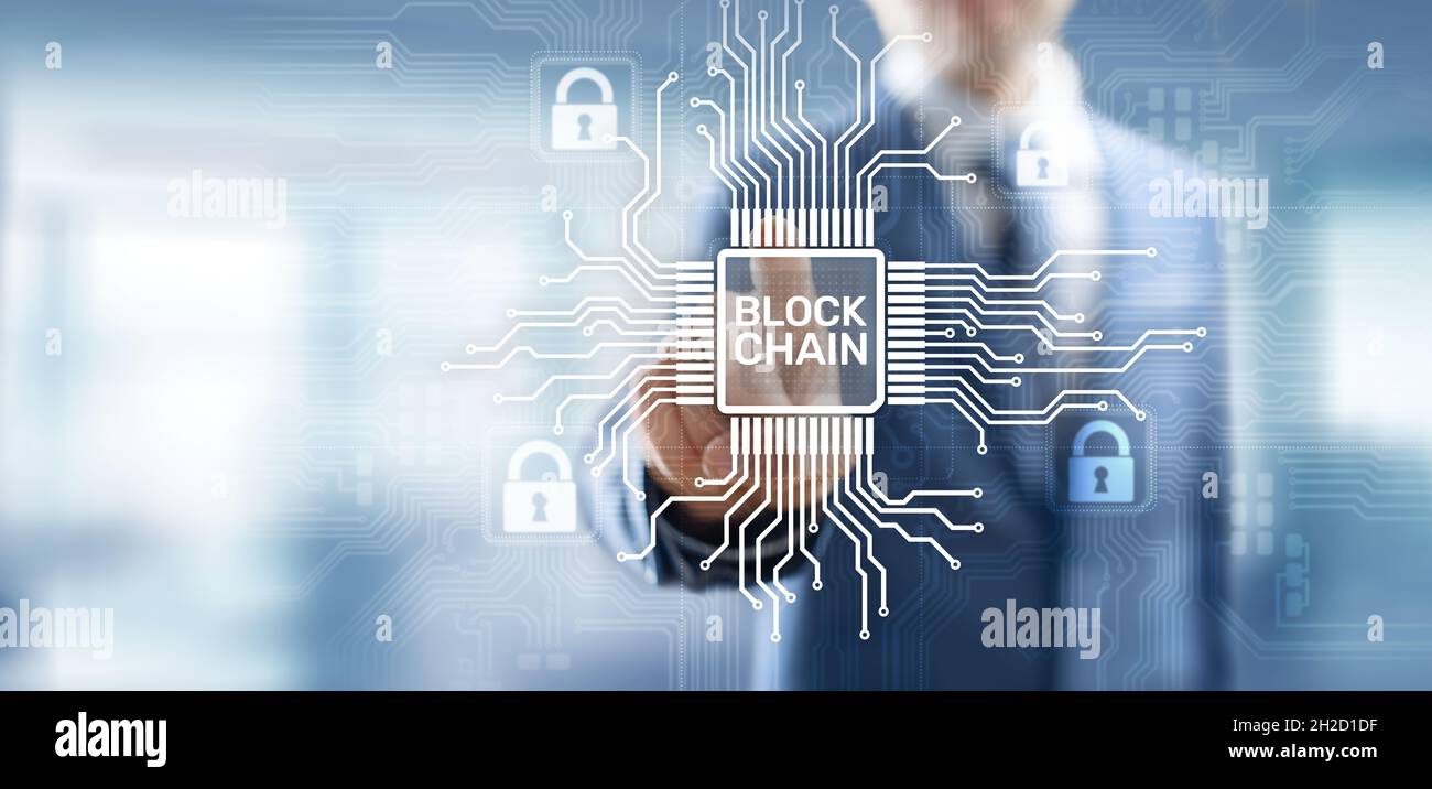 Blockchain technology concept on virtual screen. Cryptography and cryptocurrency. Stock Photo