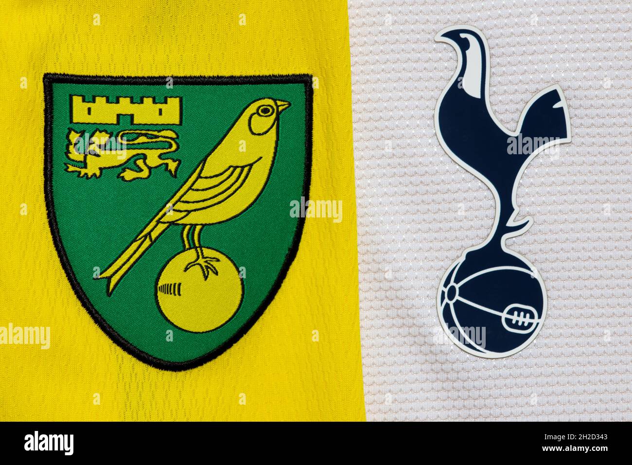 Close up of Norwich and Tottenham Hotspur club crest. Stock Photo