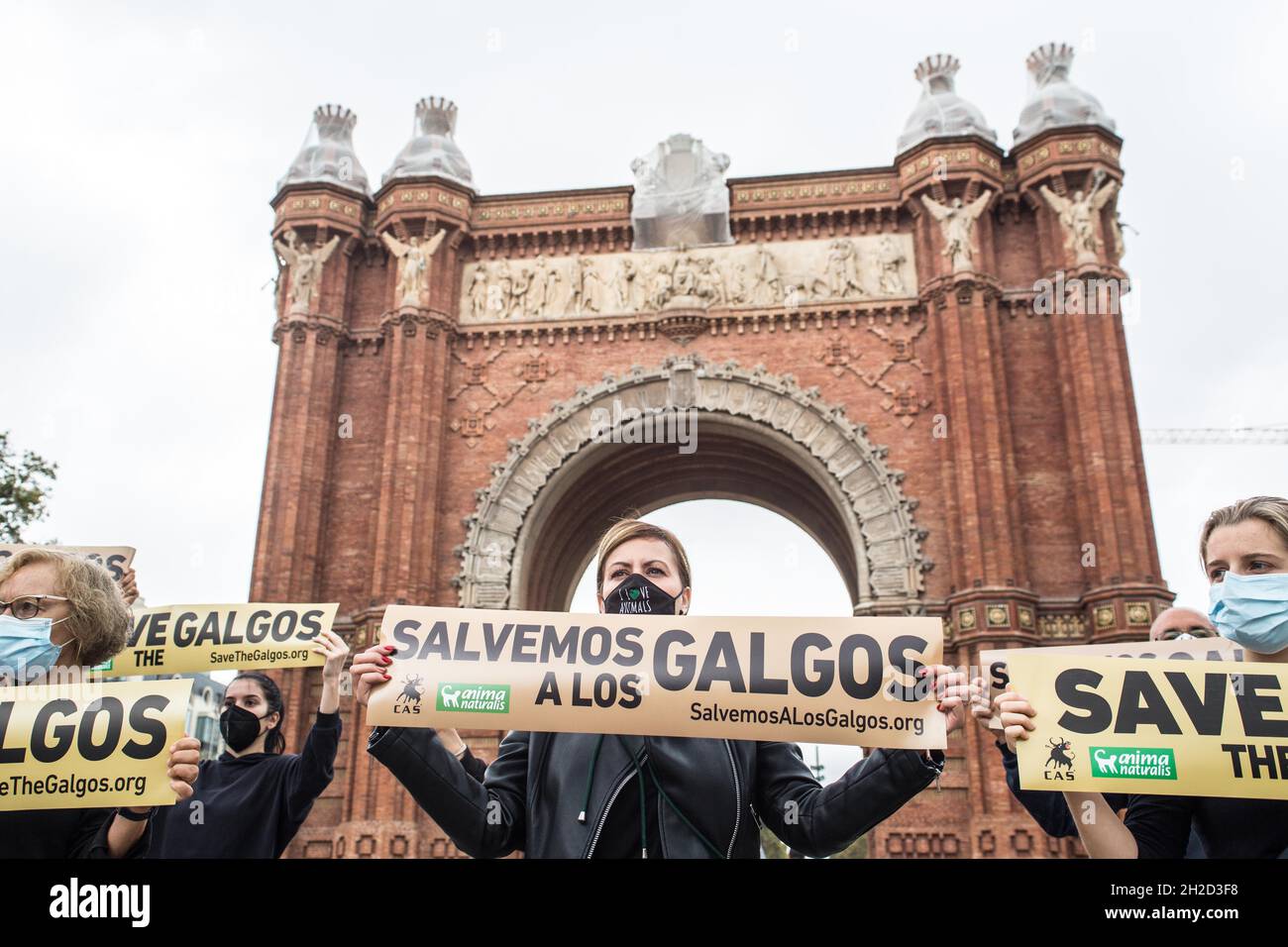 Barcelona, Catalonia, Spain. 21st Oct, 2021. Protesters are seen in front of the Arc de Triomf in Barcelona with banners that say, save the galgos ( Spanish Greyhounds).The international non profit animal rights Barcelona, Catalonia, Spain. 21st Oct, 2021. Protesters are seen in front of the Arc de Triomf in Barcelona with banners that say, save the galgos ( Spanish Greyhounds).The international non profit animal rights