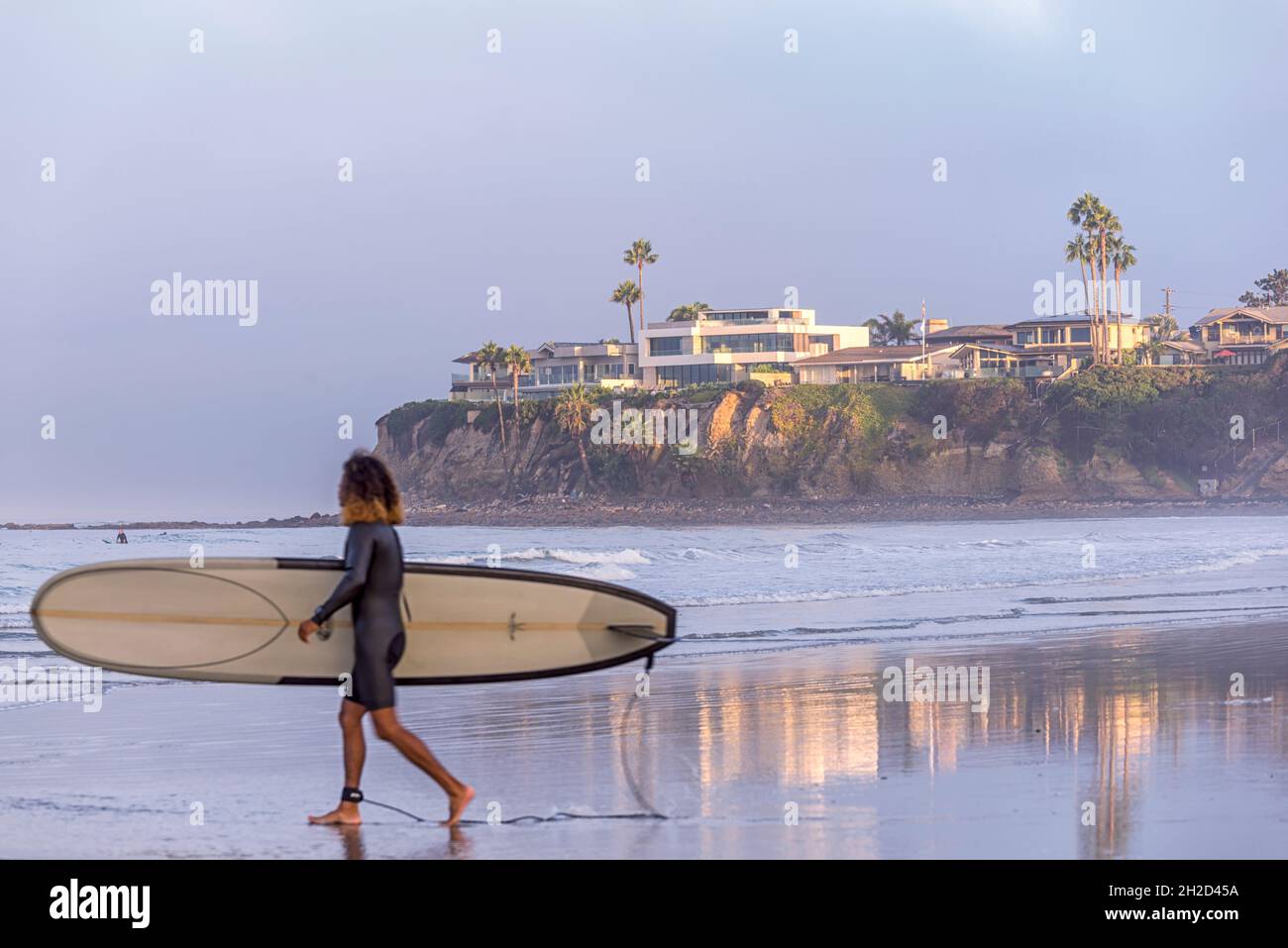 Surfers at Tourmaline Surfing Park Beach on an October morning. San Diego, CA, USA. Stock Photo