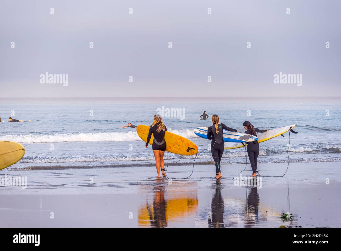 Surfers at Tourmaline Surfing Park Beach on an October morning. San Diego, CA, USA. Stock Photo