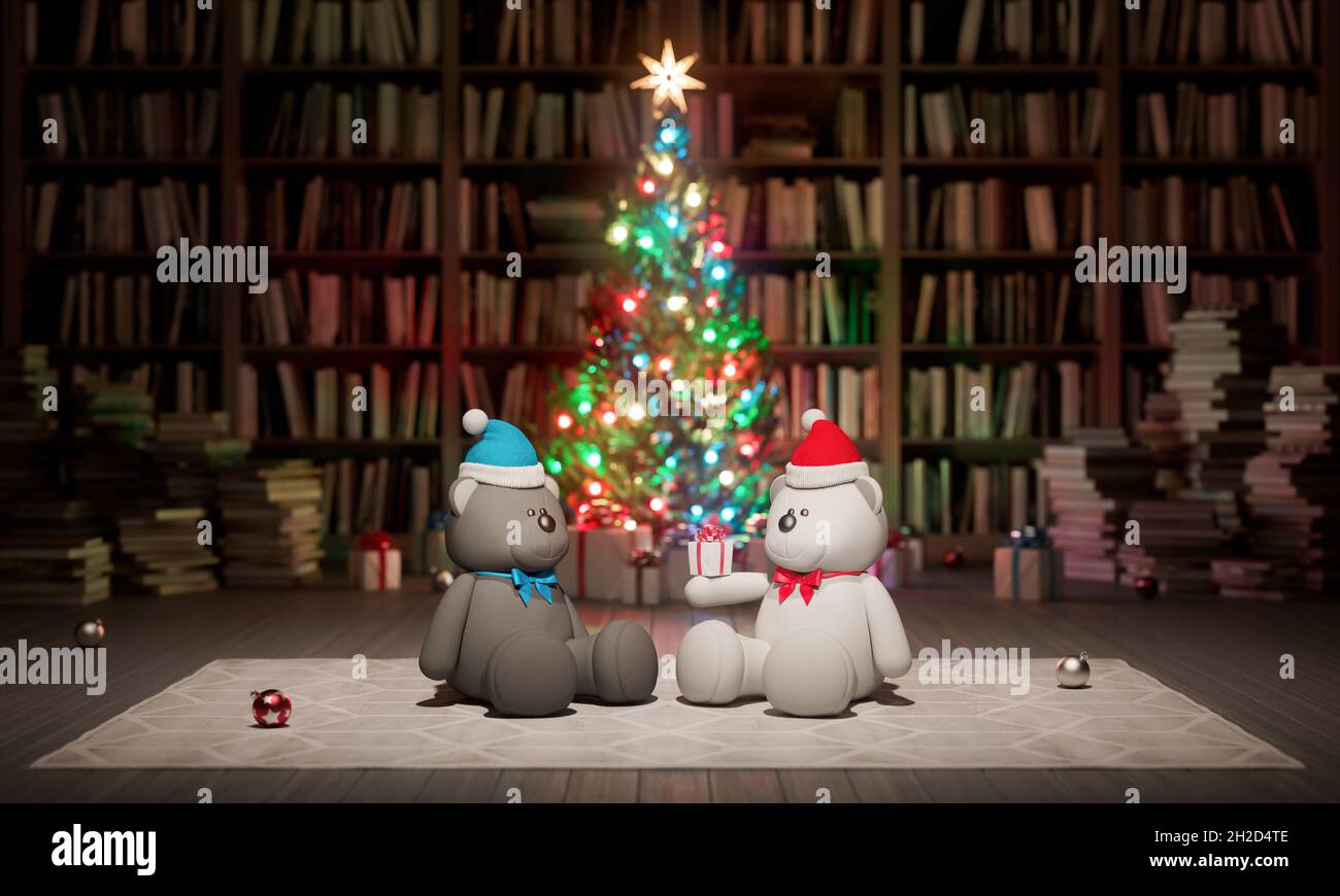 Teddy bear gives the other teddy bear Christmas gift. Decorated Christmas tree and Bookshelf in the library. Holidays in Bookstore concept 3d render Stock Photo