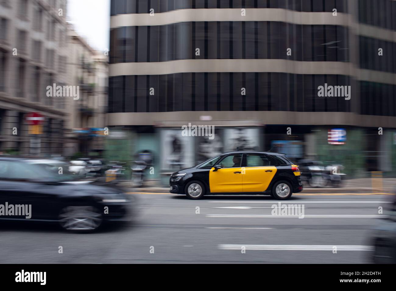 Barcelona, Spain - September 22, 2021: A Barcelona city taxi driving on Via laietana. Stock Photo