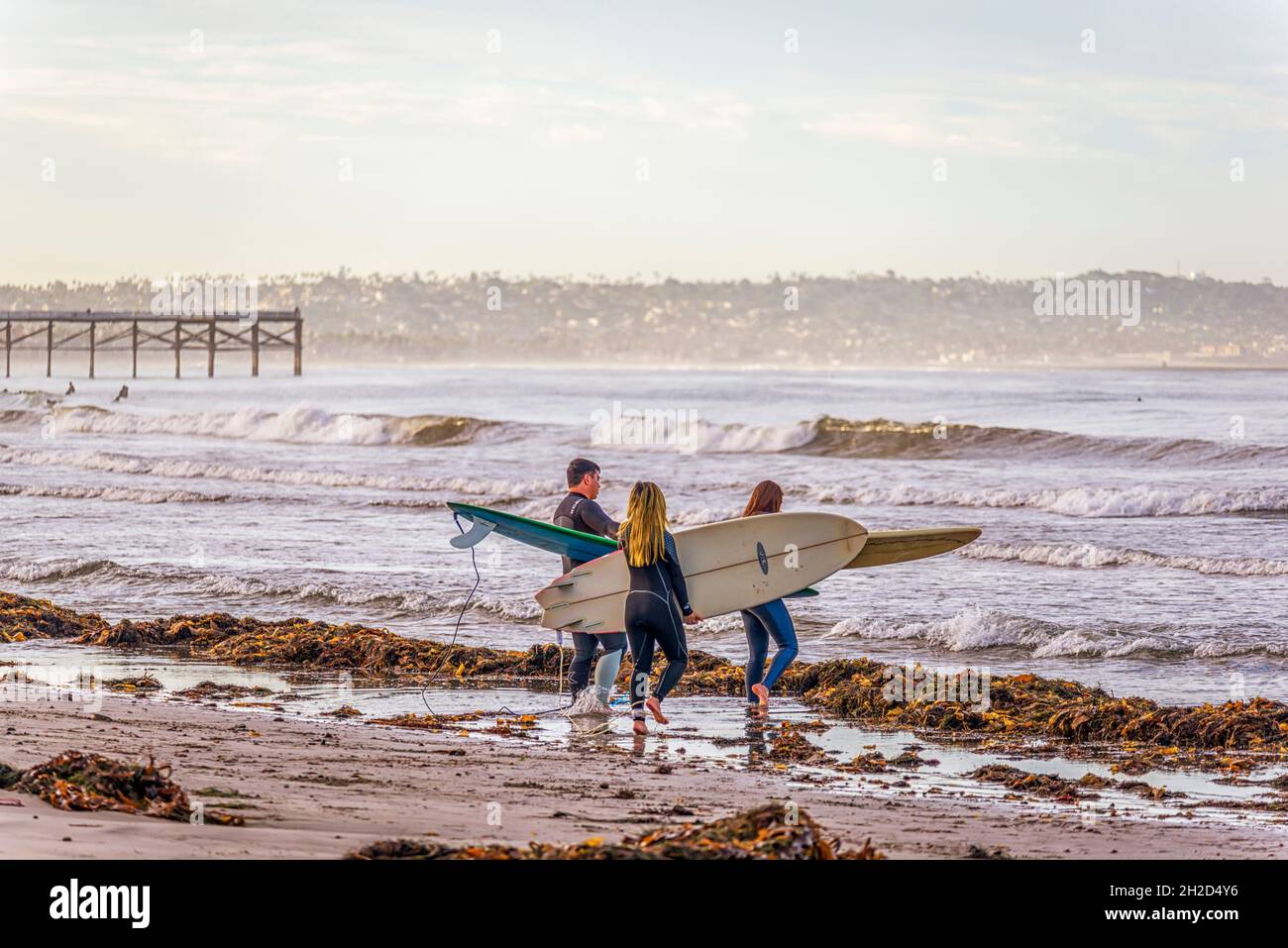 Tourmaline Surfing Park Beach on an October morning. San Diego, CA, USA. Crystal Pier can be seen in the background. Stock Photo