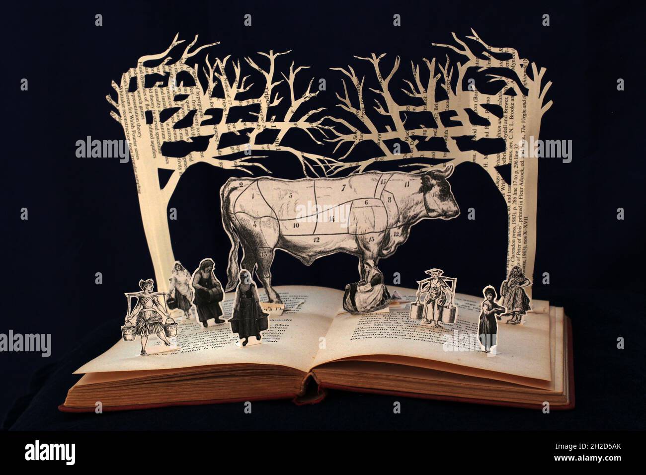 Paper book sculpture of eight maids a milking, a giant cow illustration surrounded by milkmaids. Stock Photo