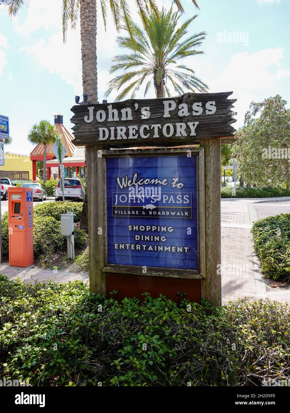 John’s Pass Village and Boardwalk directory sign, resort and shopping area in Madeira Beach, Florida, USA. Stock Photo
