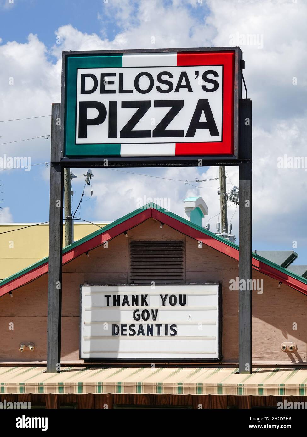 DeLosa’s Pizza with a "Thank you Gov DeSantis" sign on the marquee