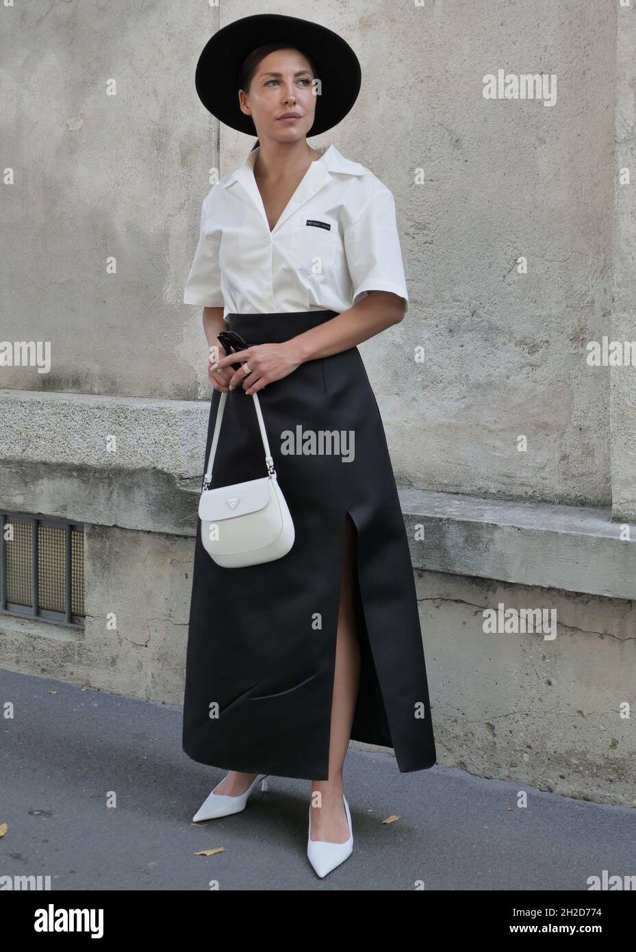 Fashion blogger street style outfit before Prada fashion show during Milano  fashion week 2021/2022 Stock Photo - Alamy