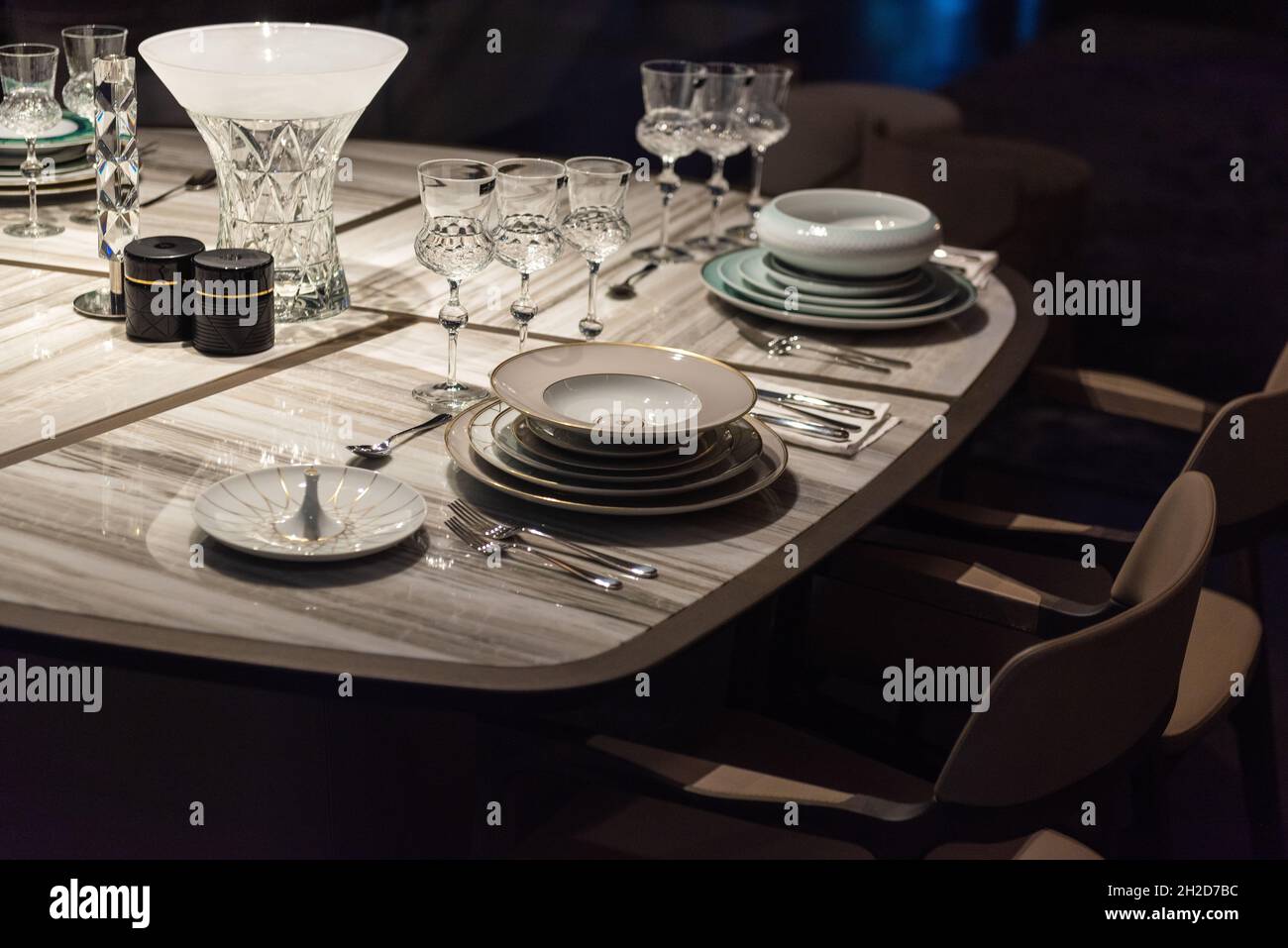 Luxury Table Setting with Crystal Glass and Expensive Tableware Stock