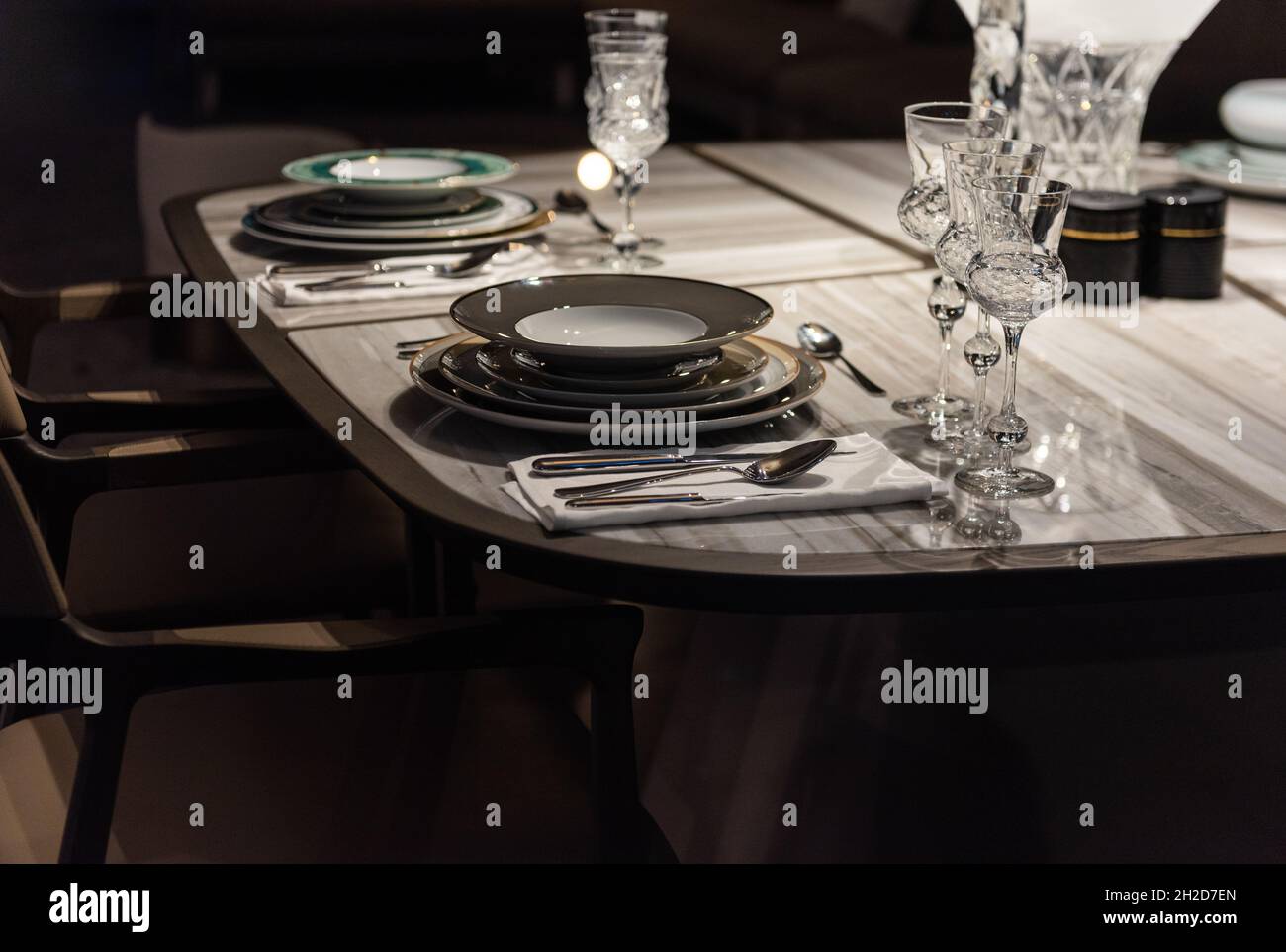 Luxury Table Setting with Crystal Glass and Expensive Tableware Stock