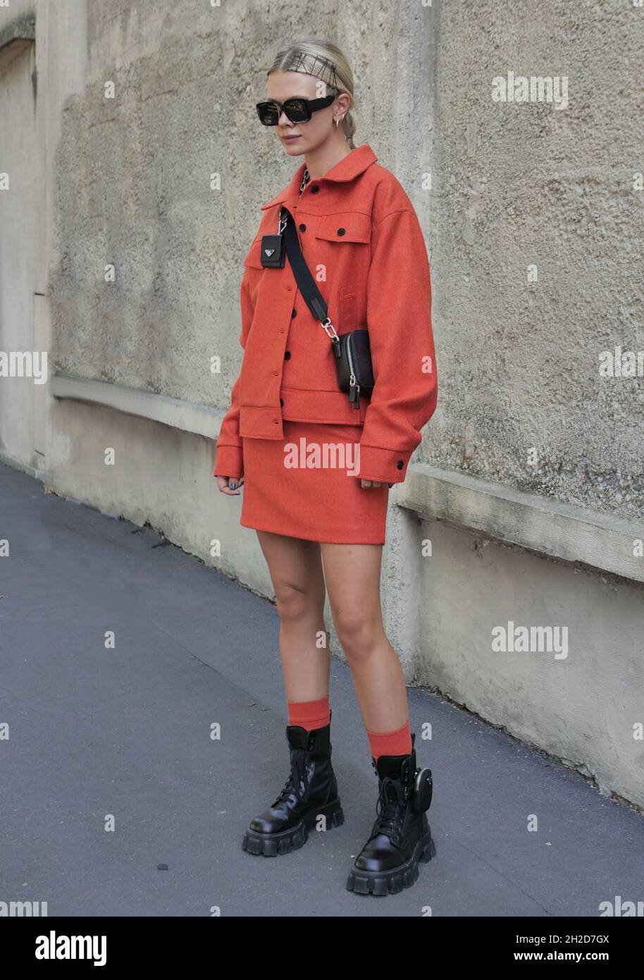 Fashion blogger street style outfit before Prada fashion show during Milano  fashion week 2021/2022 Stock Photo - Alamy