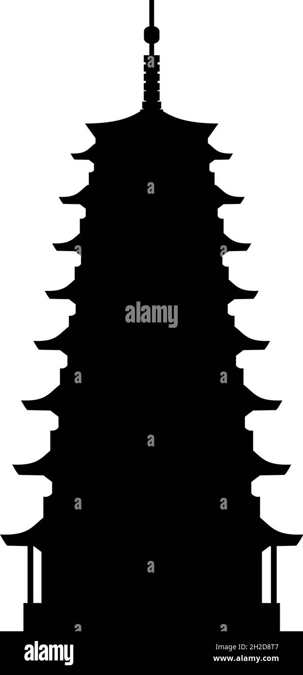 Silhouette Chinese pagoda temple. China ancient historical architecture. Stock Vector