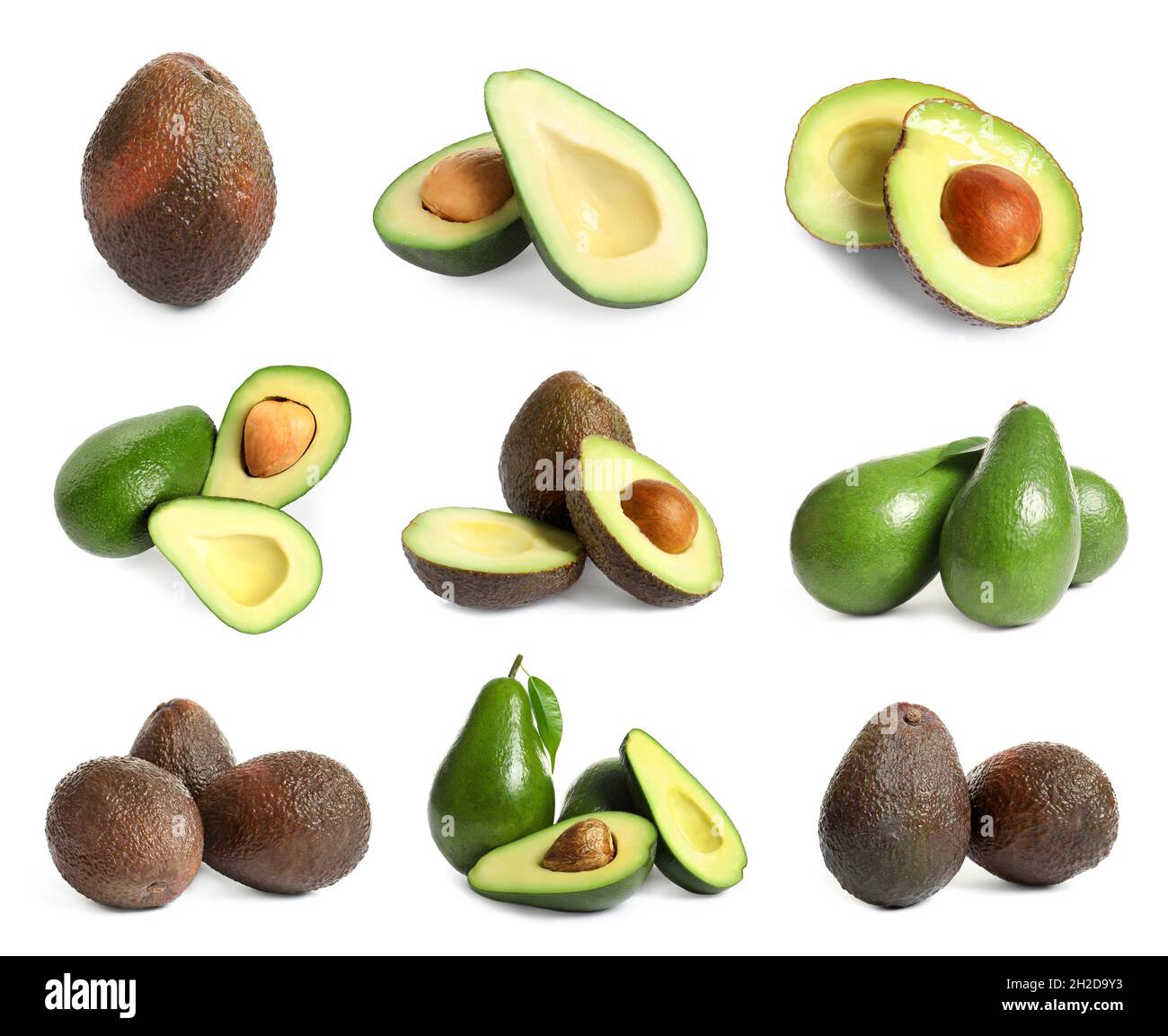 Set with whole and sliced avocados on white background Stock Photo - Alamy