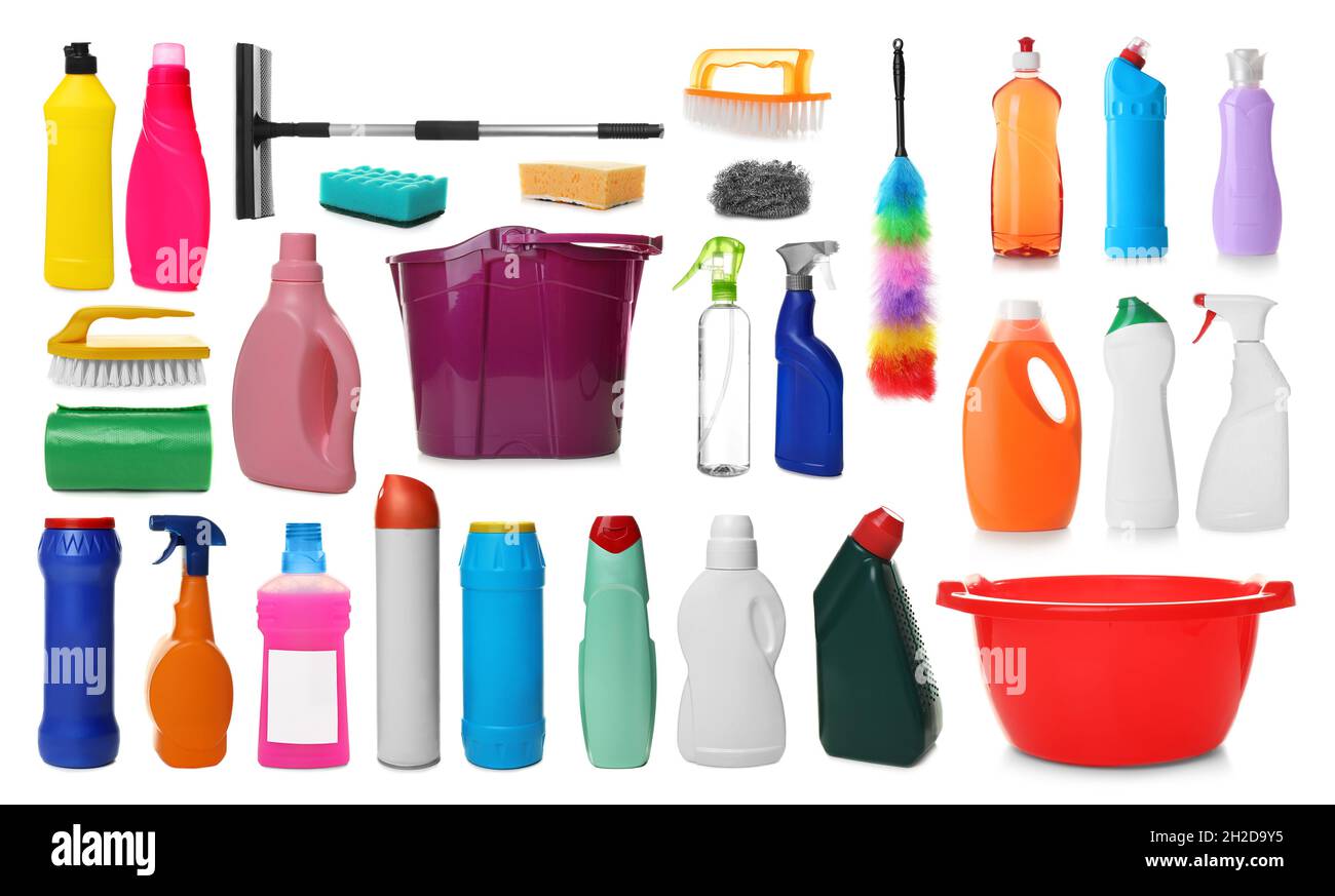 Set of different cleaning supplies in white background Stock Photo Alamy