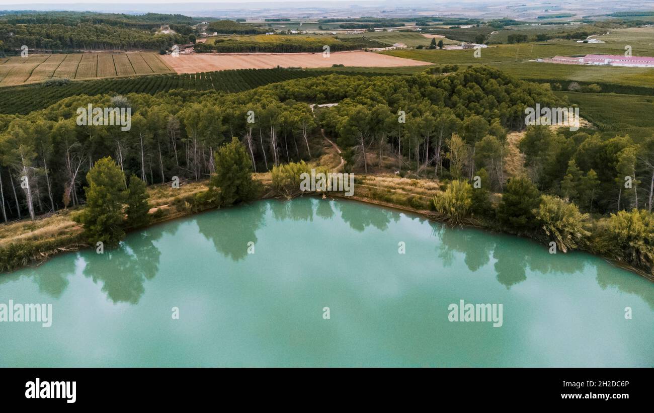 Aerial view of a lake next to a pine trees Stock Photo - Alamy