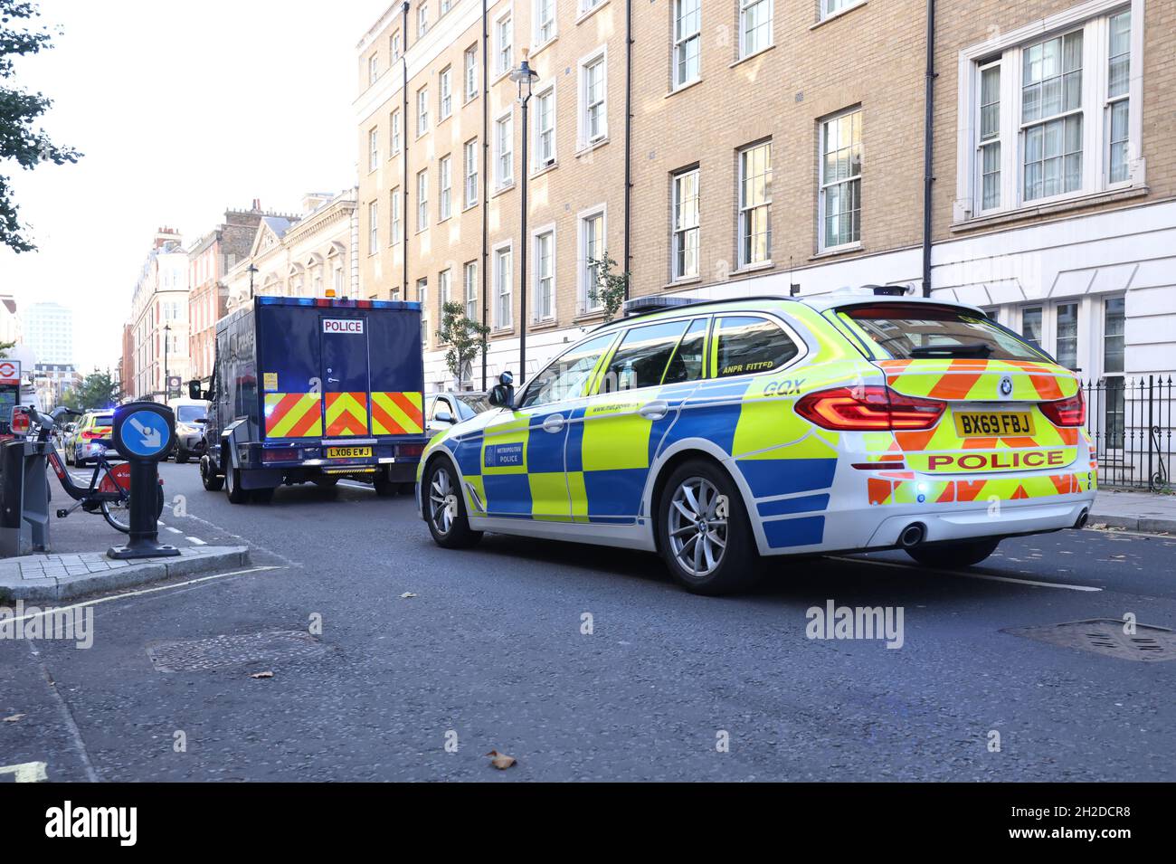 A police van leaves Westminster Magistrates' Court in London after Ali Harbi Ali appeared charged with the terrorism-related murder of Southend West MP Sir David Amess. Picture date: Thursday October 21, 2021. Stock Photo