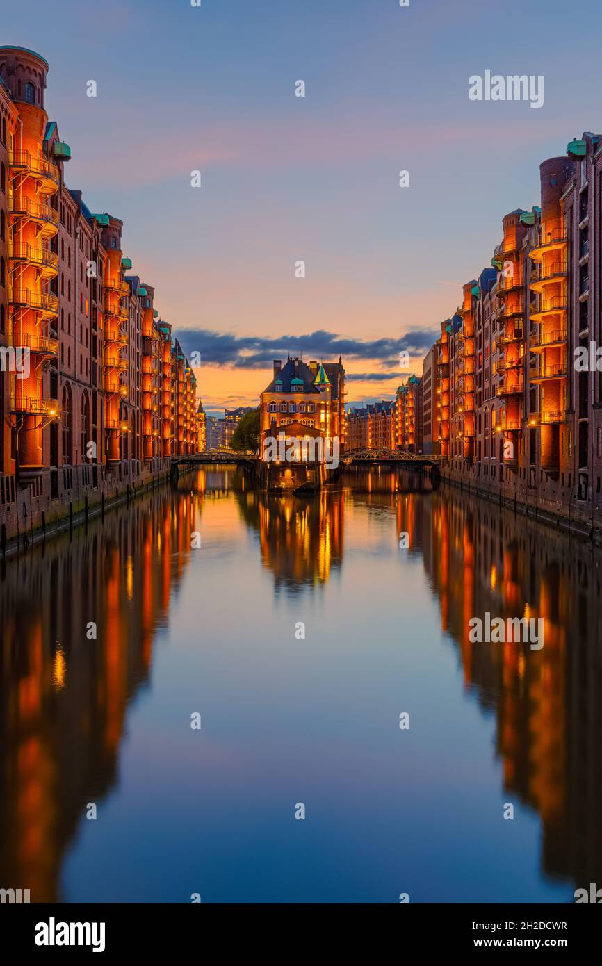 The Speicherstad, literally: 'City of Warehouses', meaning warehouse district in Hamburg, Germany is the largest warehouse district in the world where Stock Photo