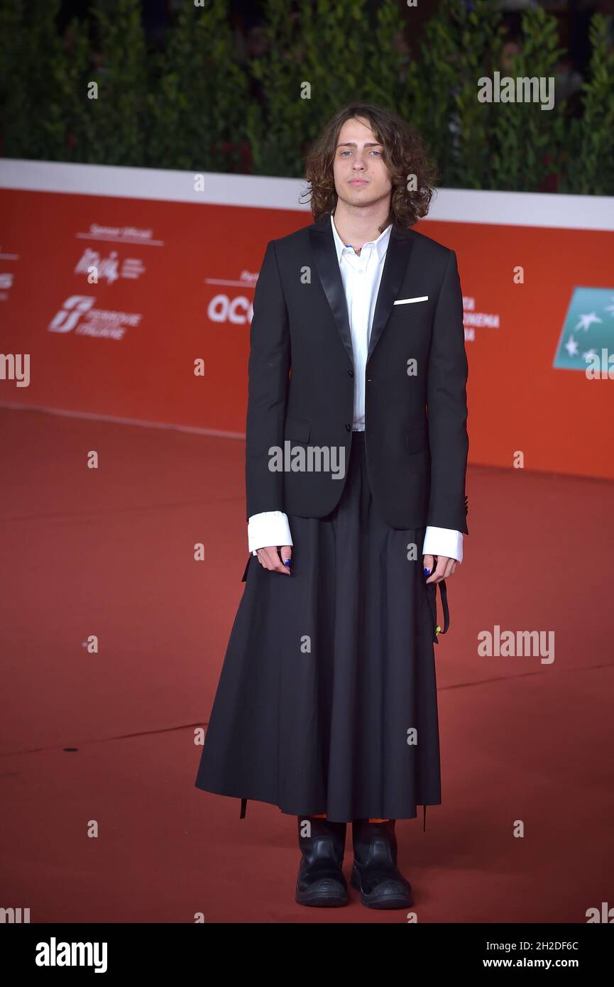 ROME, ITALY - OCTOBER 20: Sangiovanni attend the red carpet of the movie 'Caterina Caselli - Una Vita, Cento Vite' during the 16th Rome Film Fest 2021 on October 20, 2021 in Rome, Italy Stock Photo